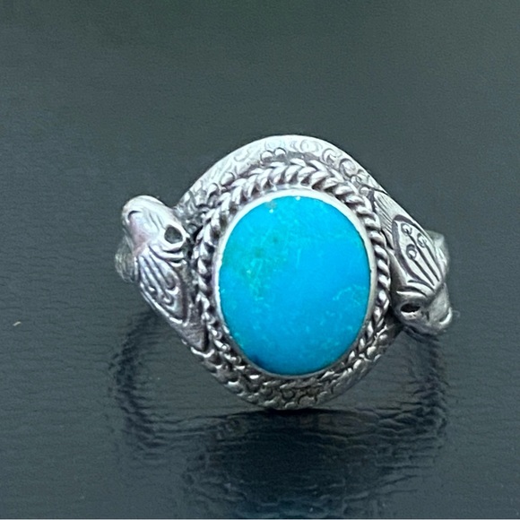 Vintage 925 Sterling Silver Turquoise Double Head Snake Southwestern Ring Size 9 - Picture 3 of 16